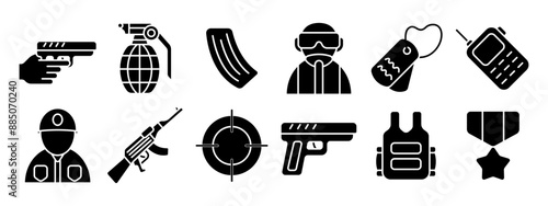 Military set icon. Soldier, handgun, grenade, magazine, sniper, dog tags, radio, helmet, assault rifle, target, bulletproof vest, medal.
