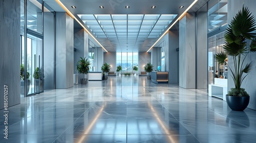 Modern Office Building Lobby. Spacious modern office building lobby with glass walls, polished floors, and greenery, representing corporate logistics and design.