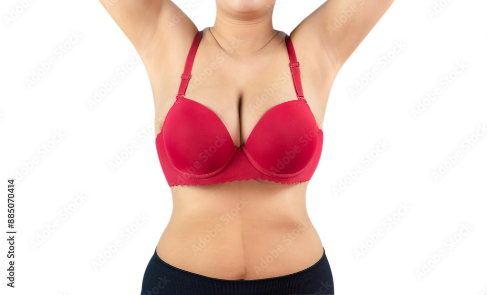 Woman with beautiful breasts, red bra bikini isolated on white background, closeup. Woman with beautiful breasts, red bra bikini isolated on white background, closeup.