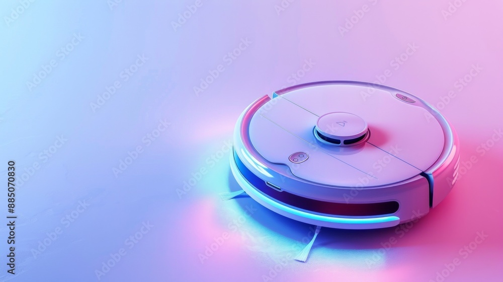 Futuristic robotic vacuum cleaner with neon blue and pink lighting smart appliance concept Futuristic robotic vacuum cleaner with neon blue and pink lighting smart appliance concept