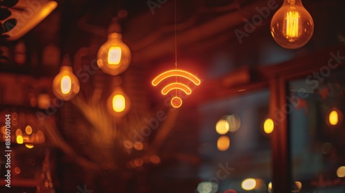 Wifi icon glows in cafe, free network concept.