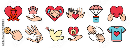 Charity set icon. Ribbon, animal care, handshake, love, parachute aid, donation, bird, helping hands, home, giving, compassion, community.