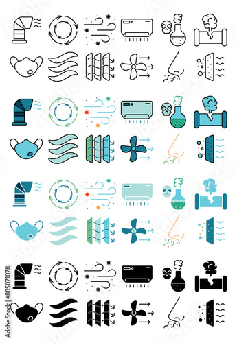 Air quality set icon. Ventilation, airflow, filter, fan, mask, pollution, circulation, purification, conditioner, nasal, emissions, quality, clean, flow, fresh, hvac system, filtration, vent, cleaning