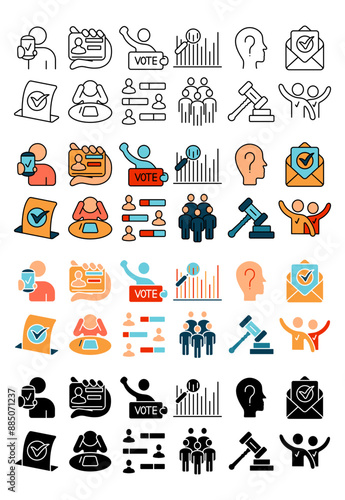 Voting icon. Candidate, voting, speech, poll, debate, ID card, ballot, checkmark, crowd, vote, campaign, election, politics, registration, booth, voter turnout, democracy, political rally, government