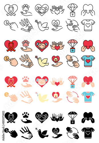 Charity support set icon. Heart, handshake, dove, hand, donation, ribbon, love, aid, volunteer, nonprofit, giving, support, help, charity, generosity, fundraising, charitable, donation box