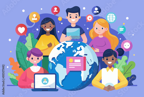 Diverse group interacting around globe, sharing ideas