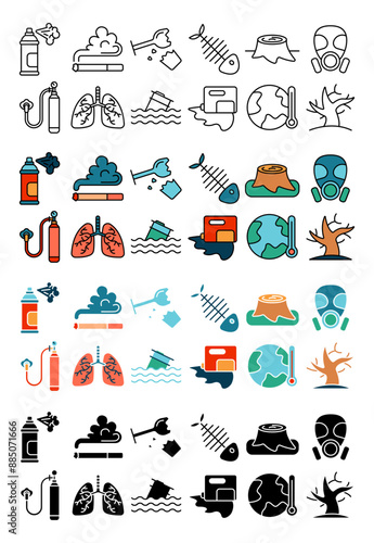 Pollution set icon. Smoke, lungs, pollution, tree, fish bone, gas mask, deforestation, climate change, factory emissions, water pollution, air quality, environmental protection, waste, toxins