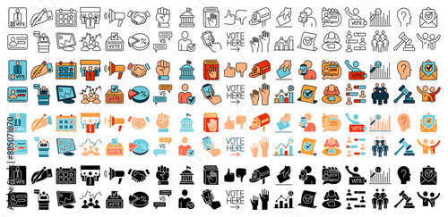 Voting and election set icon. Candidate, ballot box, vote, campaign, ID card, speech, poll, graph, debate, political rally, voting booth, election, government, democracy, voter turnout, political