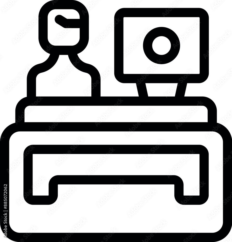 Line art icon of a person sitting at a desk working on a computer Line art icon of a person sitting at a desk working on a computer