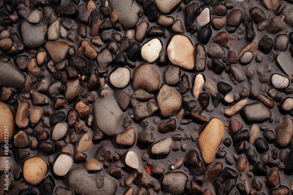 Processed collage of wet pebble stones on asphalt texture. Background for banner, backdrop Processed collage of wet pebble stones on asphalt texture. Background for banner, backdrop