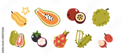 Papaya, passion and dragon fruit, guava, mangosteen, kiwano, lychee and starfruit, cut halves and whole. Exotic tropical fresh summer food icons. Flat vector illustration isolated on white background