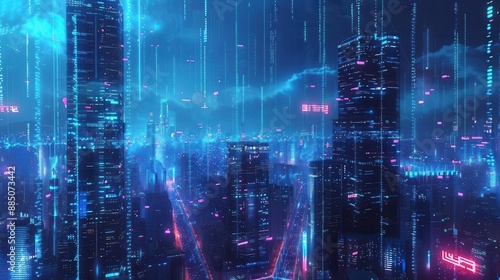 futuristic cityscape with holographic blockchain nodes glowing digital assets floating amidst towering skyscrapers smart contract ribbons interweaving bathed in electric blue light