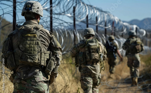US soldiers guard the border with Mexico behind barbed wire and a steel wall