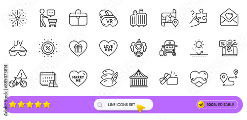 Buyer think, Sun protection and Delivery line icons for web app. Pack of Gas grill, Carousels, Travel loan pictogram icons. Father day, Fireworks explosion, Love letter signs. Baggage. Vector