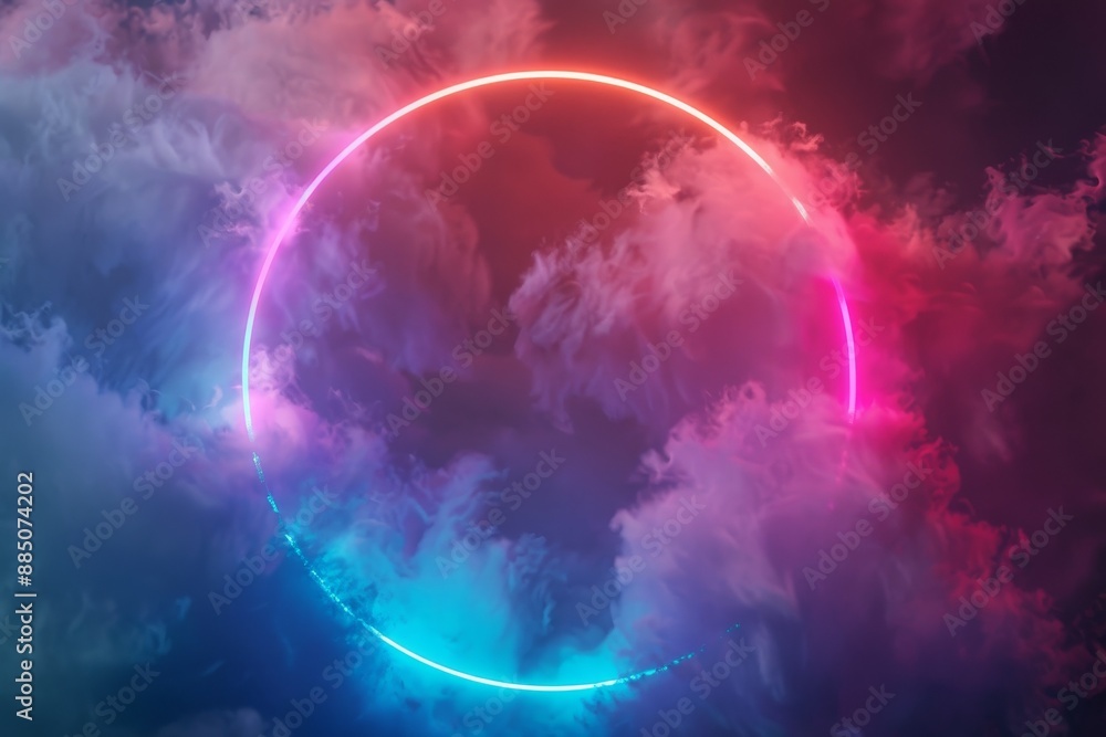 Neon-lit abstract cloud in the dark night sky, surrounded by a glowing geometric ring.. Beautiful simple AI generated image in 4K, unique. Neon-lit abstract cloud in the dark night sky, surrounded by a glowing geometric ring.. Beautiful simple AI generated image in 4K, unique.