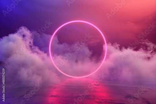 Wallpaper Mural an abstract neon-lit cloud surrounded by a neon light ring in the dark night sky, forming a glowing geometric shape with a round frame. Beautiful simple AI generated image in 4K, unique. Torontodigital.ca