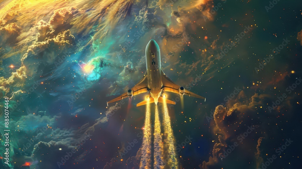 futuristic supersonic airliner taking off from a floating spaceport ...