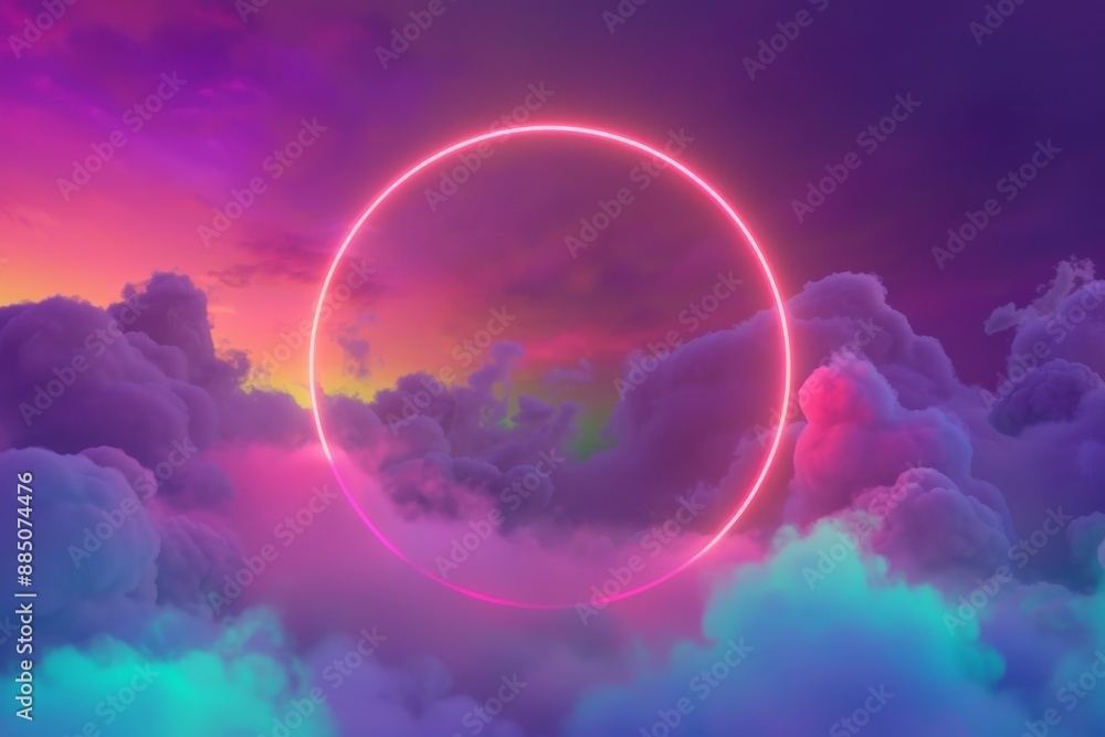 an abstract neon-lit cloud surrounded by a neon light ring in the dark night sky, forming a glowing geometric shape with a round frame. Beautiful simple AI generated image in 4K, unique.