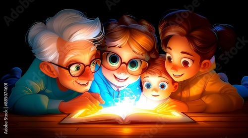 Сhildren with grandfather reading a fairy tale, the book glows, cartoon drawing