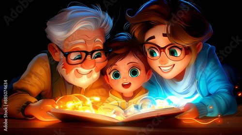 Сhild with mother and grandfather reading a fairy tale, the book glows, cartoon drawing