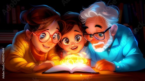 Сhild with grandmother and grandfather reading a fairy tale, the book glows, cartoon drawing