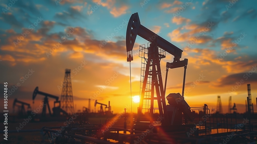 Oil Pump Jacks Silhouetted Against a Vibrant Sunset in an Industrial Landscape Oil Pump Jacks Silhouetted Against a Vibrant Sunset in an Industrial Landscape