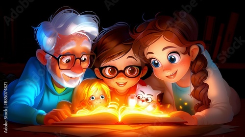 Сhildren with grandfather reading a fairy tale, the book glows, cartoon drawing