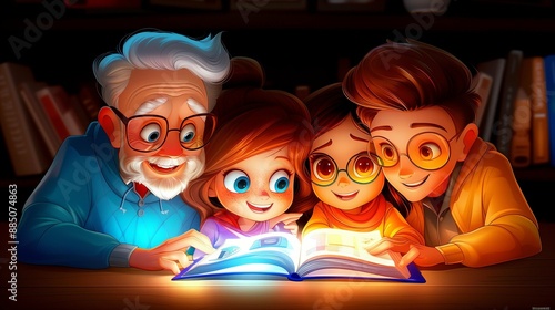 Сhildren with father and grandfather reading a fairy tale, the book glows, cartoon drawing