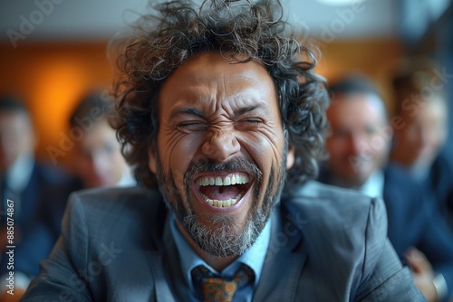 Meeting Room Tension: An employee laughing at a joke during a meeting, while others have exaggerated blank stares, raised eyebrows, or facepalms. 