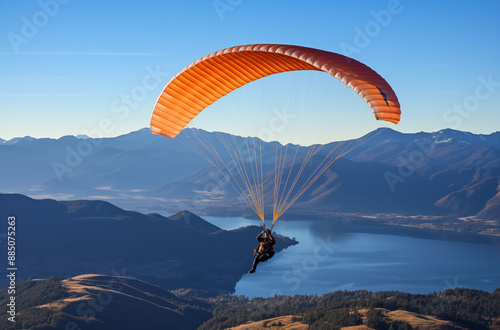 Paraglider with an orange canopy soaring over a scenic mountain landscape on a clear, sunny day