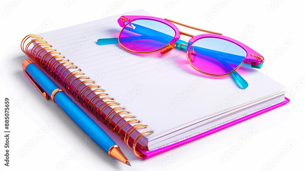 pink notebook, pen and glasses isolated on white pink notebook, pen and glasses isolated on white