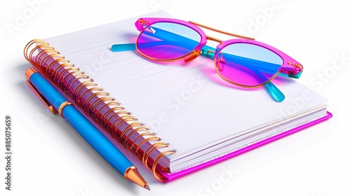 pink notebook, pen and glasses isolated on white