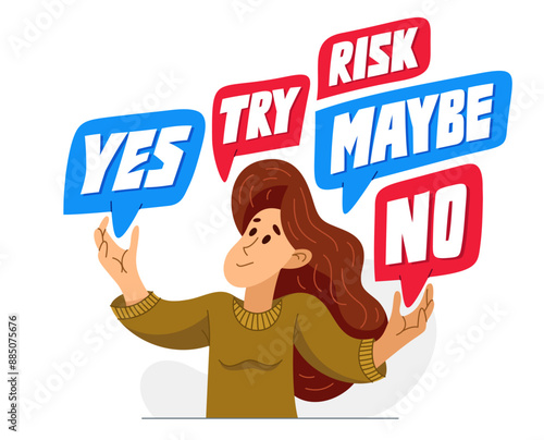 Young woman having a doubt and question, vector illustration of a person who is hesitating and thinking about some problem, decide uncertainty.