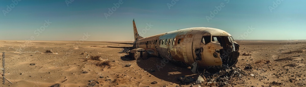 Abandoned Airplane Wreck in Desert Landscape Under Clear Blue Sky Abandoned Airplane Wreck in Desert Landscape Under Clear Blue Sky