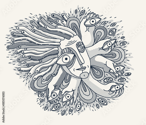 Abstract face vector art, illustration of face stylized artistic style, human abstraction art, surreal and bizarre portrait.