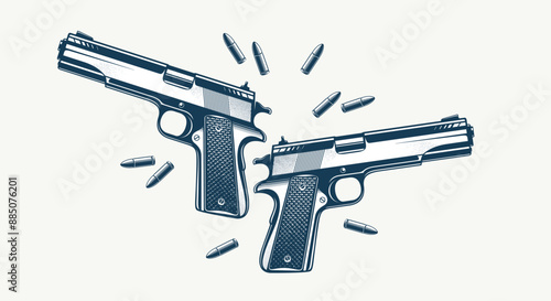 Detailed shotguns and bullets vector illustration in a classic graphic design style, two beautiful gun drawing.