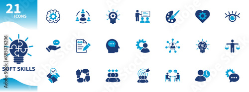 Soft skills icon. Set of icons for thinking, leadership, connection, awareness, ideas, collaboration, presentation