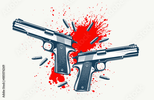 Detailed shotgun and blood splatter vector illustration of a detective criminal story, beautiful gun drawing, movie poster or book cover.
