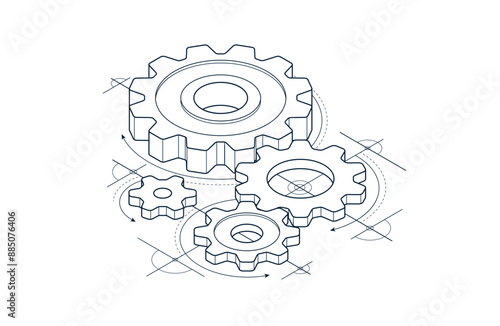 Engineer education concept, gears and cogs composition isometric 3D vector illustration, study science in university, engineering learning.
