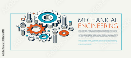 Mechanical engineering advertising, gears and cogs composition isometric 3D vector illustration, cogwheels system technology and technics machinery engine ad.