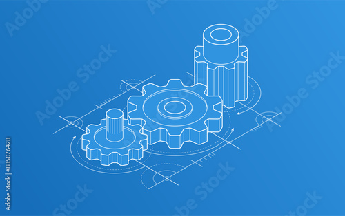 Invention renovation and development concept, gears and cogs with cad engineering drawing isometric 3D vector illustration, technology theme, machinery and engine creation.