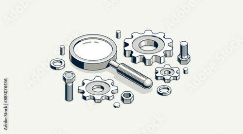 Mechanical engineering research and solution concept, gears with magnifier 3D isometric vector design icon or logo, magnifying glass with cogs software development.