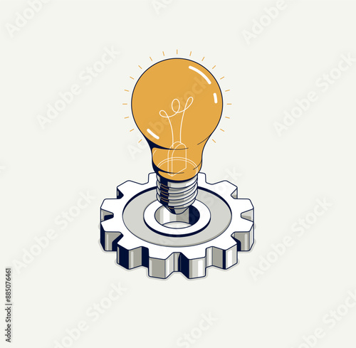 Creative idea concept, light bulb with gear vector 3D isometric icon or illustration, innovation and solution, technology and technics, research and knowledge.