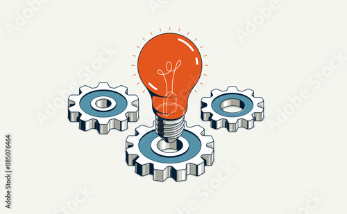 Creative idea concept, light bulb with gear vector 3D isometric icon or illustration, innovation and solution, technology and technics, research and knowledge.