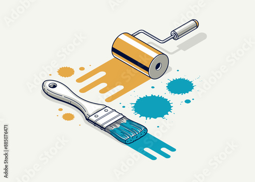 Artist decorator concept, 3D vector brush and splatters metaphor of interior decoration, or facade exterior art mural, interior designer work.