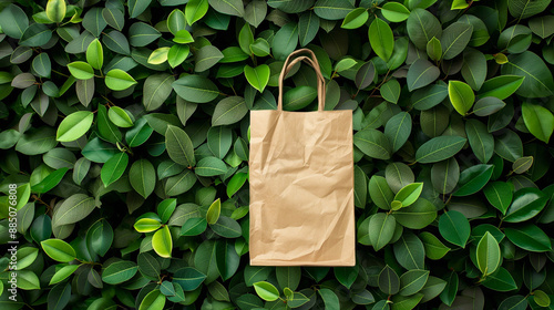 Eco-friendly shopping bag on lush green leaves background, promoting sustainability