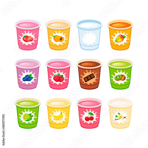 Set of different types of yogurt in plastic cups illustration. Yogurt cup icon set isolated on a white background. Fruit, natural and chocolate yogurt icons