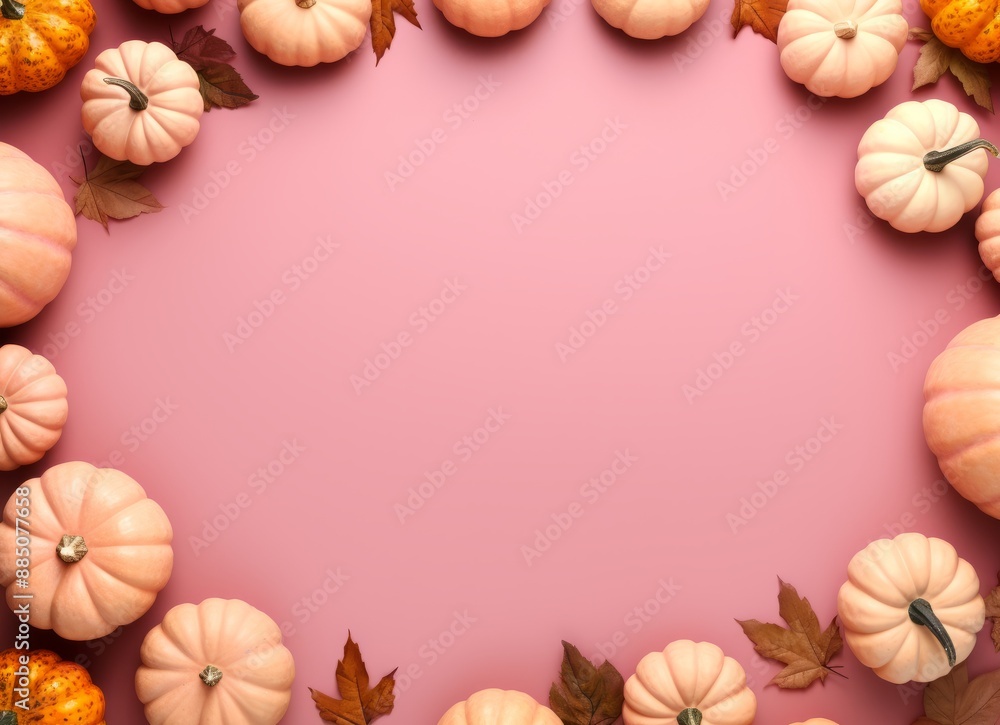 A collection of pumpkins on a pink background. A collection of pumpkins on a pink background.