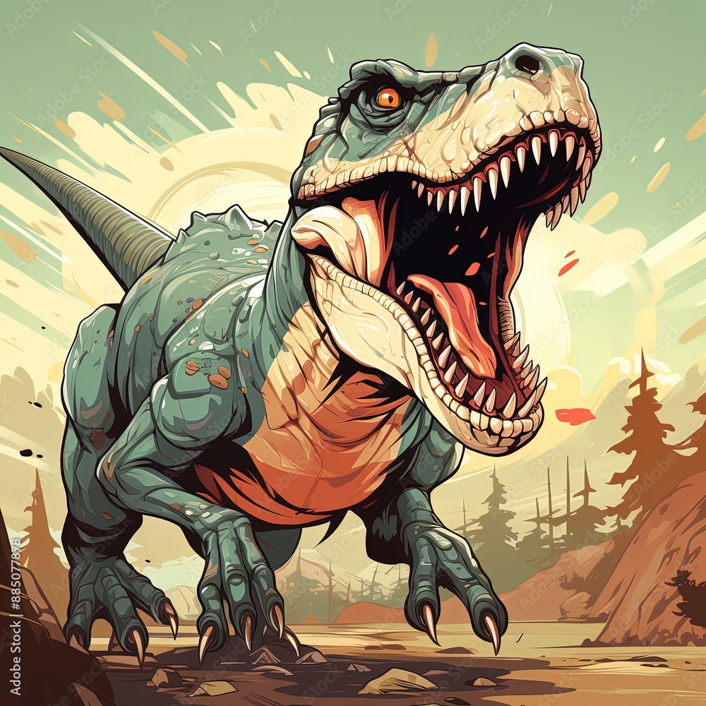 Obraz premium Colorful 2D Illustration of a Velociraptor in Vector Art