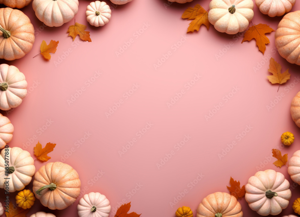 A collection of pumpkins on a pink background. A collection of pumpkins on a pink background.